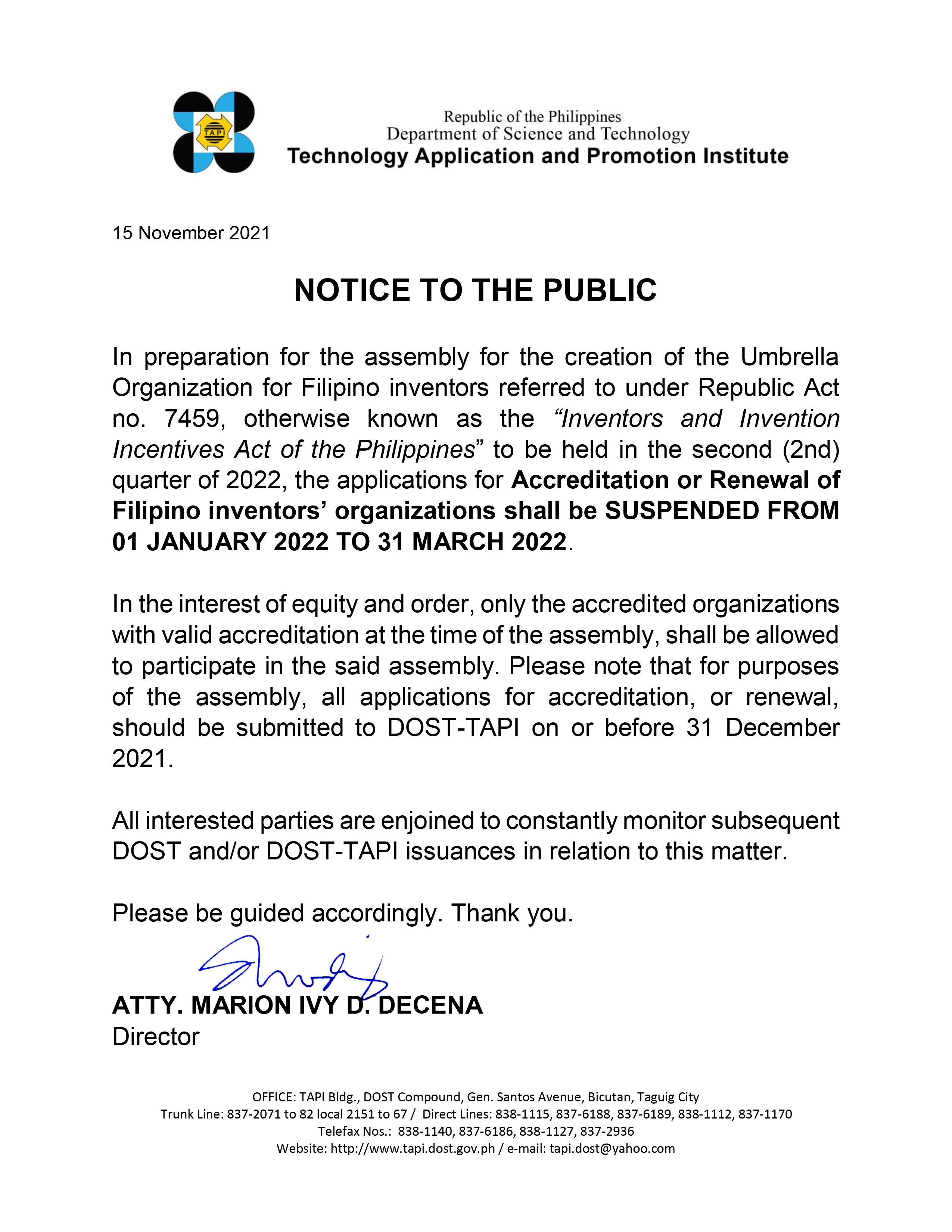 Notice to the Public with Letterhead signed MIDD